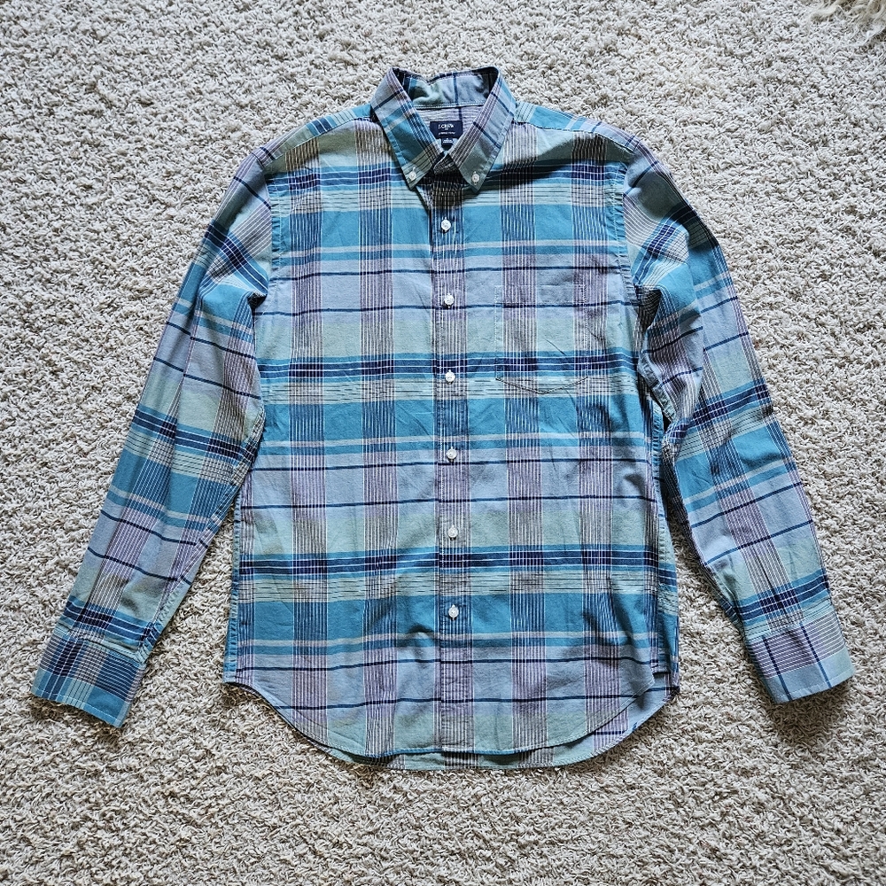 Blue and Gray Plaid J. Crew Summer Plaid Button Down Shirt